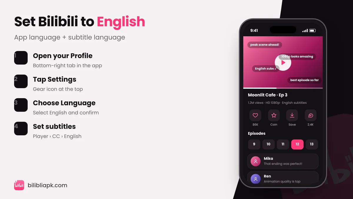 Steps to change Bilibili app language and subtitles to English