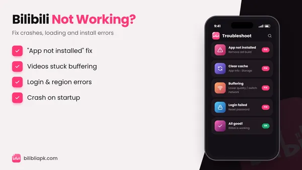 Bilibili troubleshooting screen with fixes for common errors