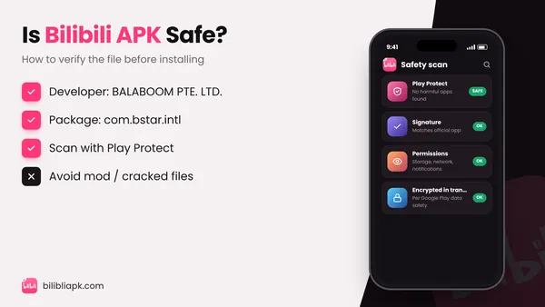 Bilibili APK safety scan showing verified signature and permissions